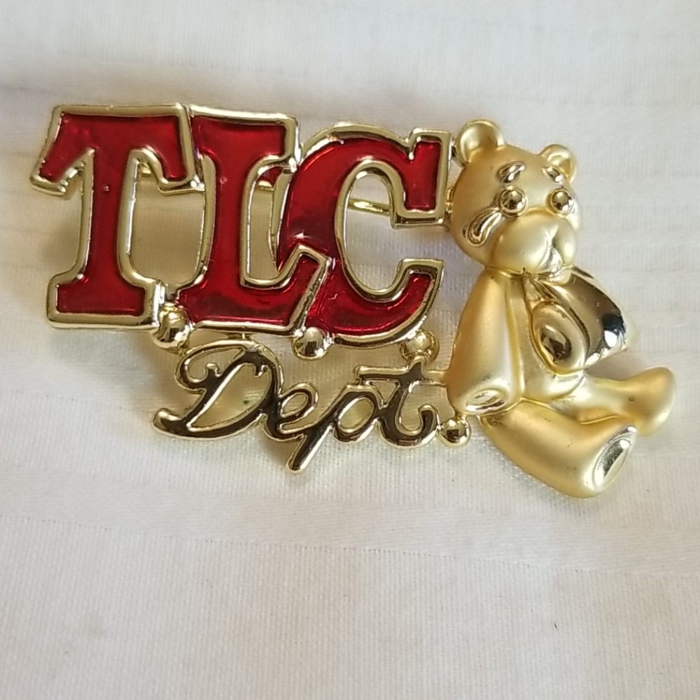 Vintage AJC Gold Red TLC Teddy Bear Brooch